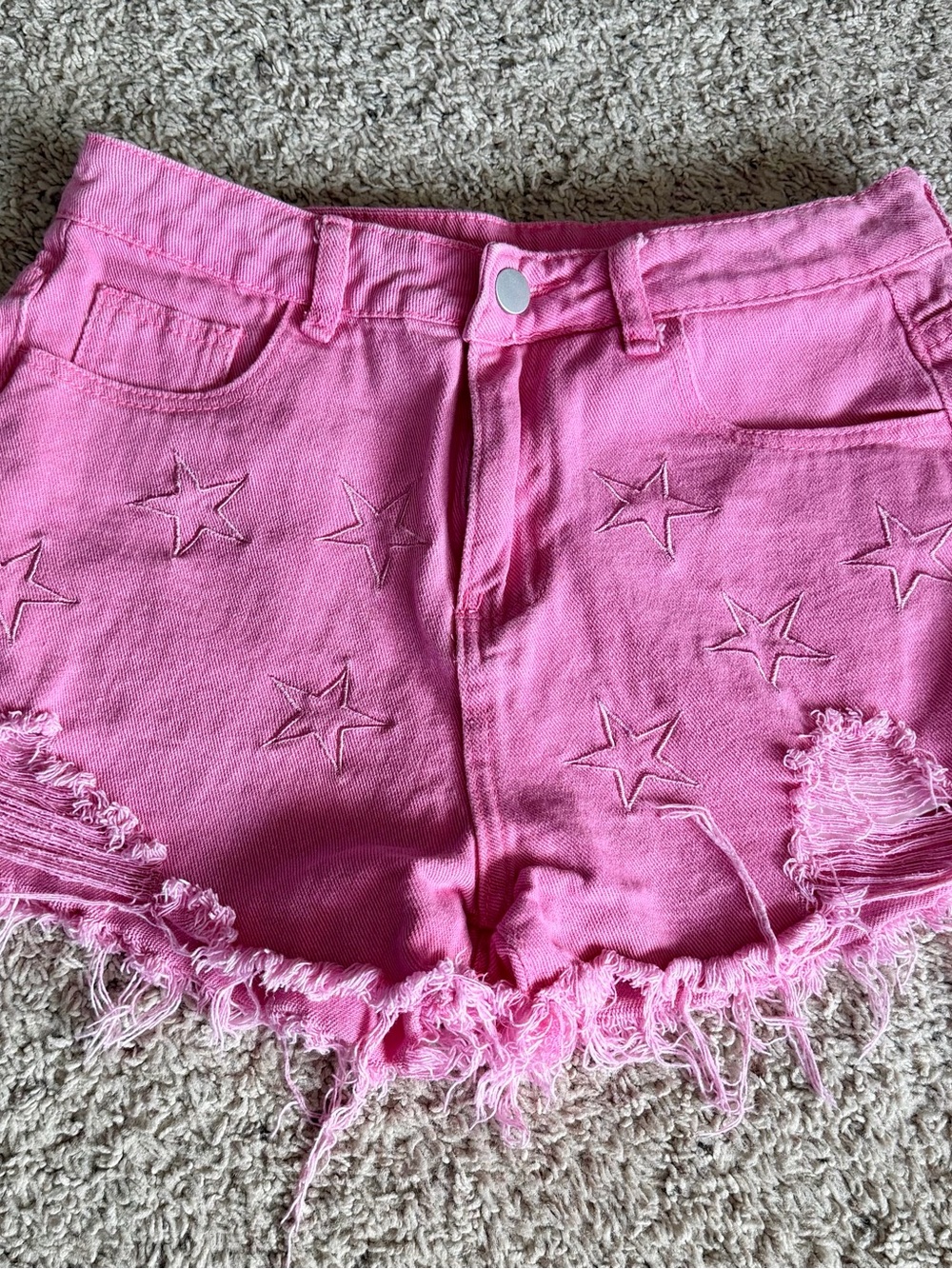 Girls Pink Star Embroidered Distressed Denim Shorts Size M